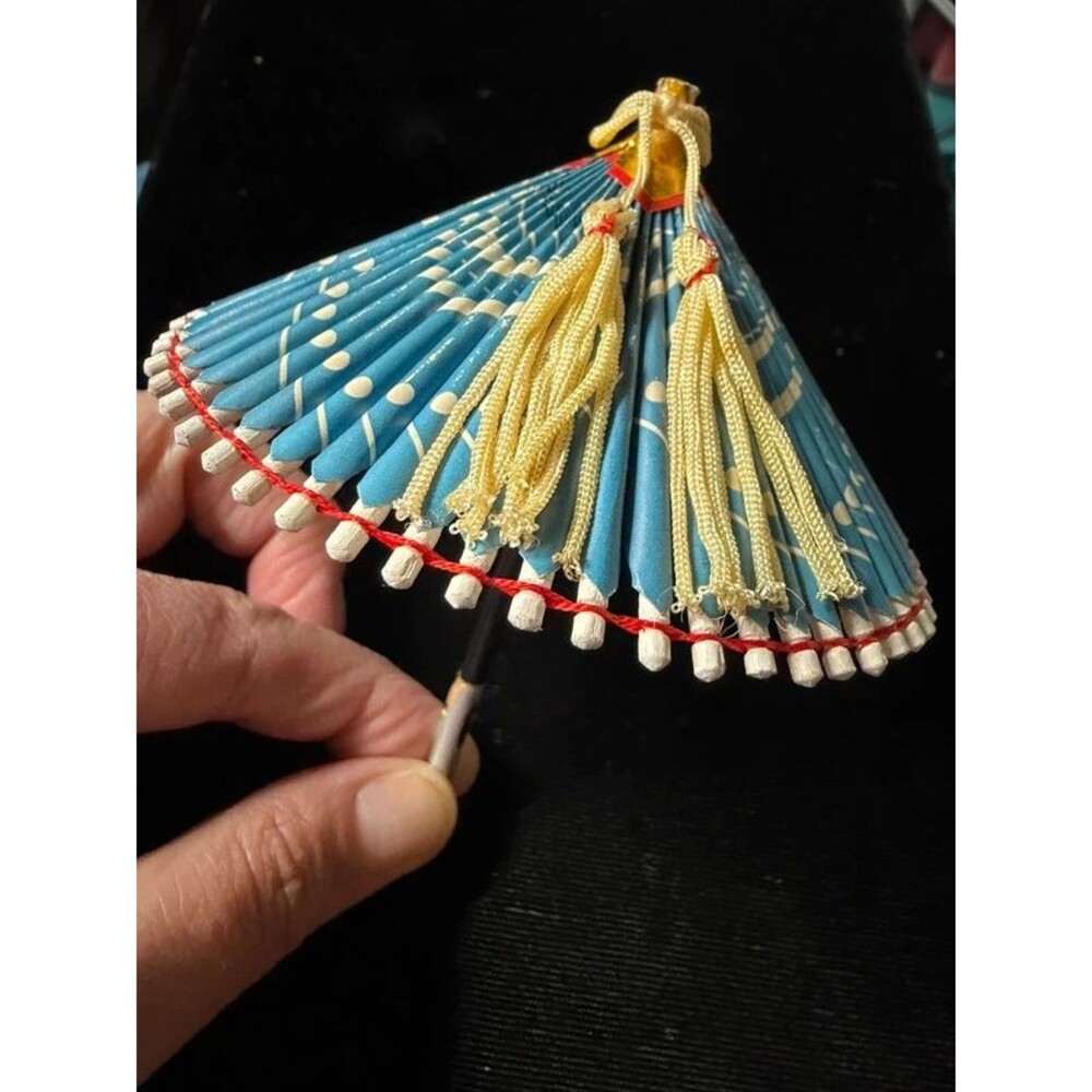 Vintage Mini Paper Parasol Umbrella Blue Dot Sturdy